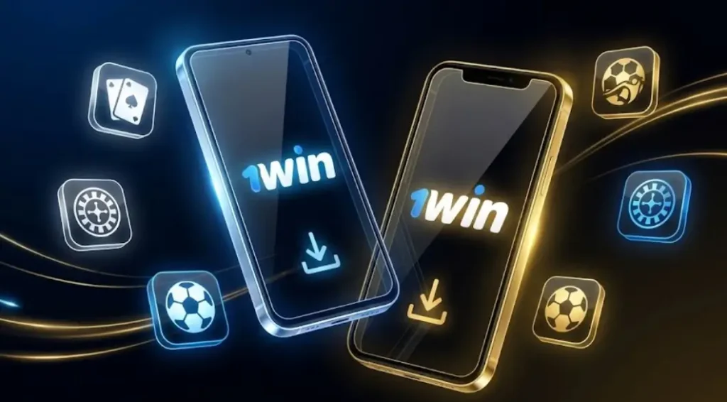 1win mobil tətbiqinin Android və iOS cihazları üçün yükləmə interfeysi, 500% bonus banneri və kazino oyunları
