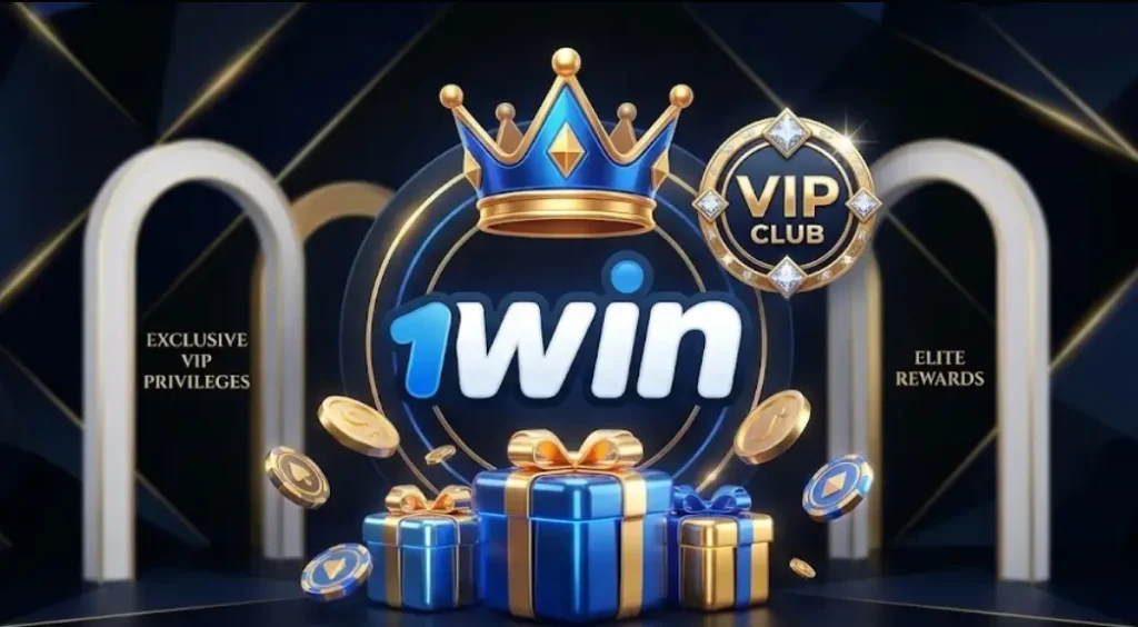 1win VIP Club loqosu, eksklüziv üzv kartları və mobil tətbiq interfeysi